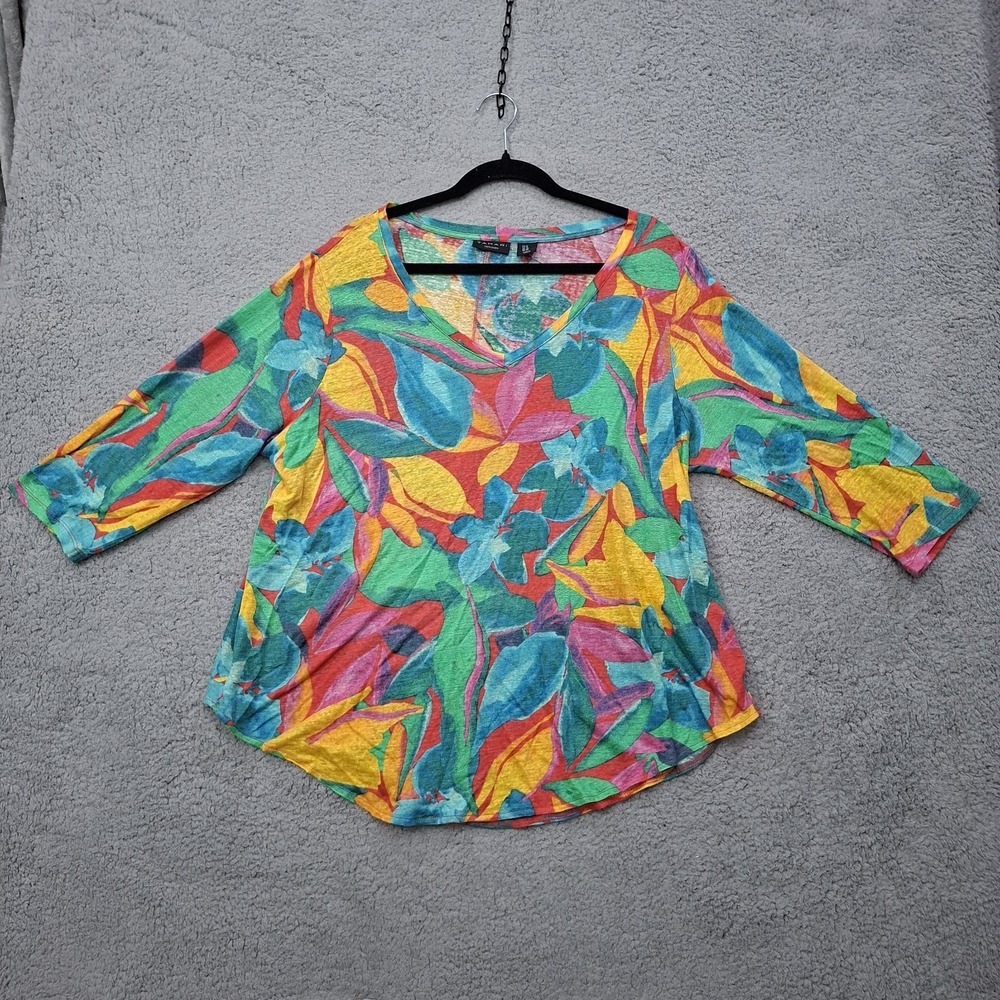 Tahari 100% Linen Top Sz 1X Palm Leaf Print Lightweight Beachy Travel Floral